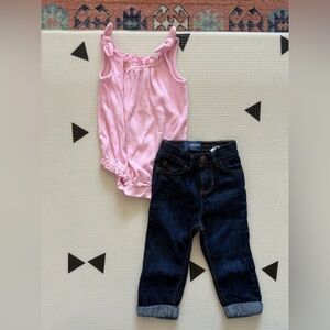 Old Navy|Baby girl bubblegum Pink Ribbed Bodysuit & Dark Jeans Set•••Boho girly
